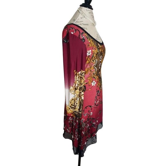 Womens Baroque Boho Tunic Dress L Burgundy Gold Sheer Hem Stretch Eclectic - Picture 3 of 5